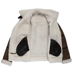 Inside view showing the full cream shearling lining of the Jacoba bomber jacket, designed for maximum warmth and comfort.