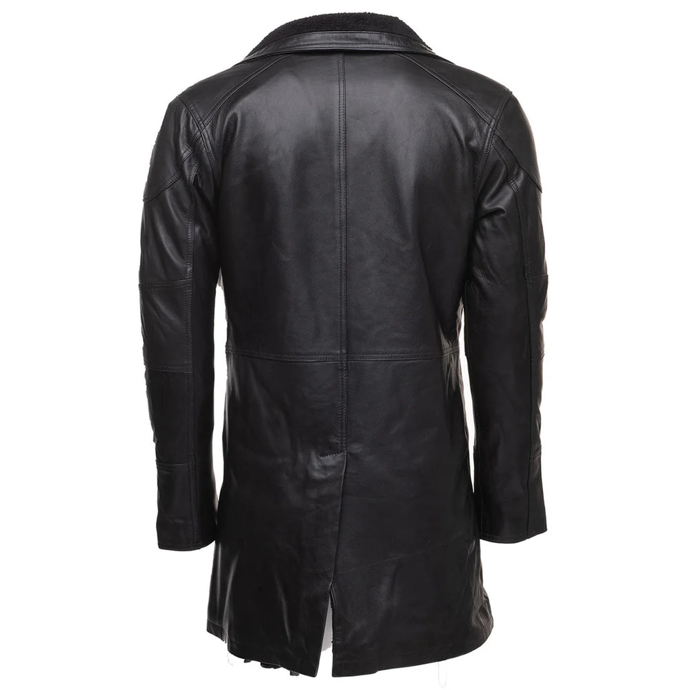 Rear view of James' Tempest black leather trench coat, highlighting the center back vent and structured shoulder epaulettes.