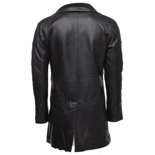 Rear view of James' Tempest black leather trench coat, highlighting the center back vent and structured shoulder epaulettes.