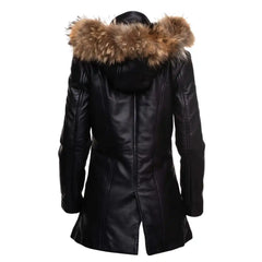 Rear view of Jazmyn's longline winter coat on a mannequin, highlighting the voluminous real fox fur trim hood on a white background.