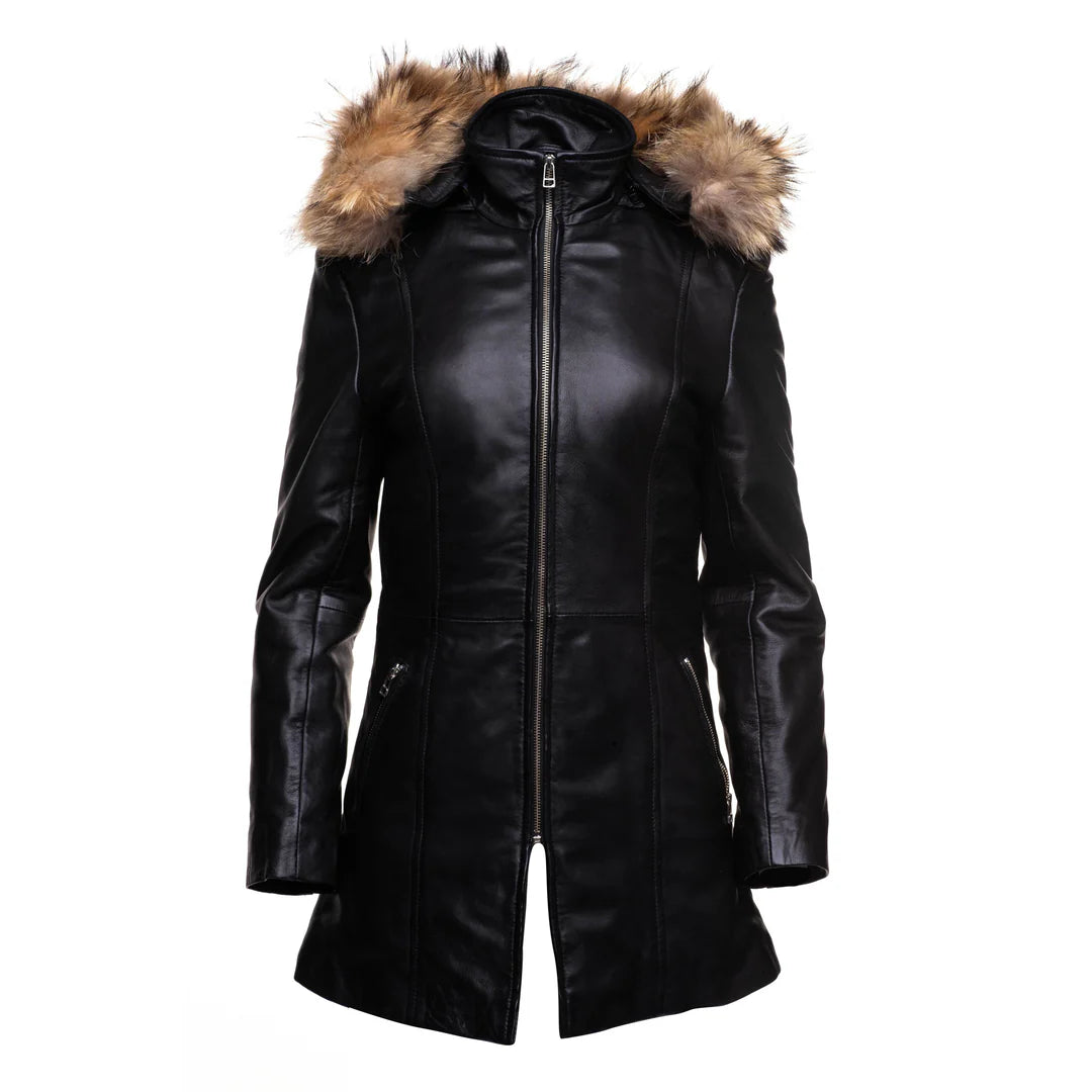 Front view of  fully closed Jazmyn's longline winter coat, highlighting the voluminous real fox fur trim and zip closure.
