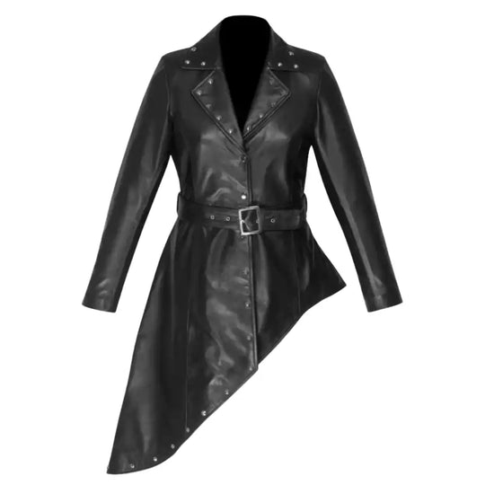 Front view of the Jennifer black asymmetrical dress, showcasing the unique slanted hemline and leather belt.