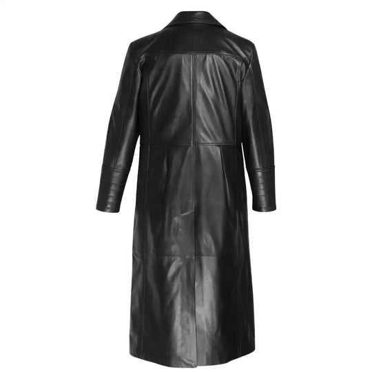 Back view of the Jensen black full length leather coat, highlighting the clean, seamless design and center back walking vent.