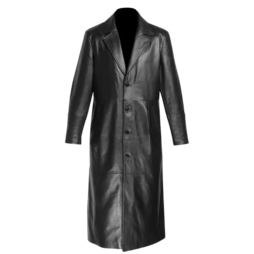 Front view of the Jensen black leather full length coat, showcasing the sleek button-up closure and elegant longline silhouette.