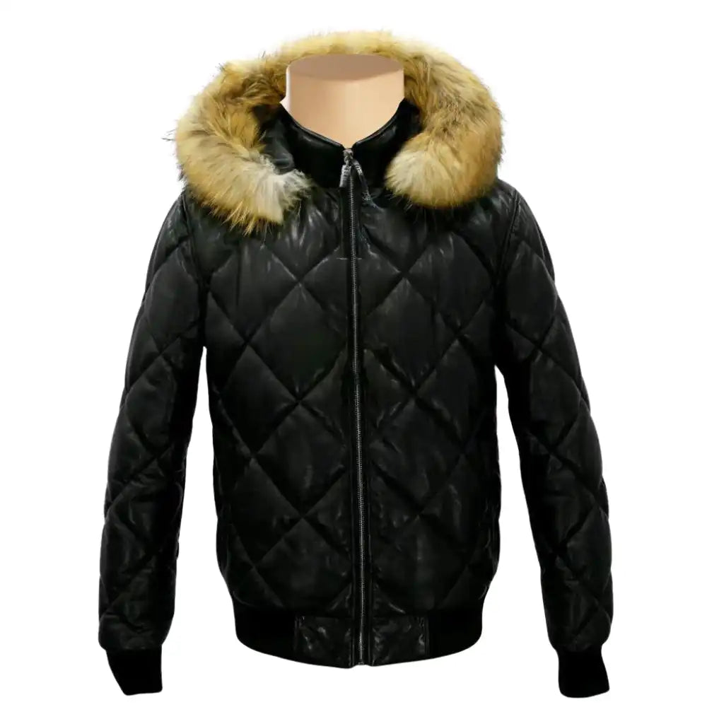 Front view of the Joel leather puffer jacket featuring a distinct diamond-quilted pattern, integrated hood, and zippered front closure.