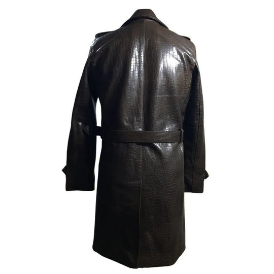 Back view of Jonathan's elegant croc print overcoat, highlighting the uniform pattern and structured longline silhouette.