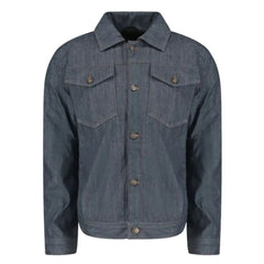 Front view of the Julian blue denim and leather motorcycle jacket featuring reinforced leather shoulder panels, a button-down front over a hidden zipper, and integrated armor.