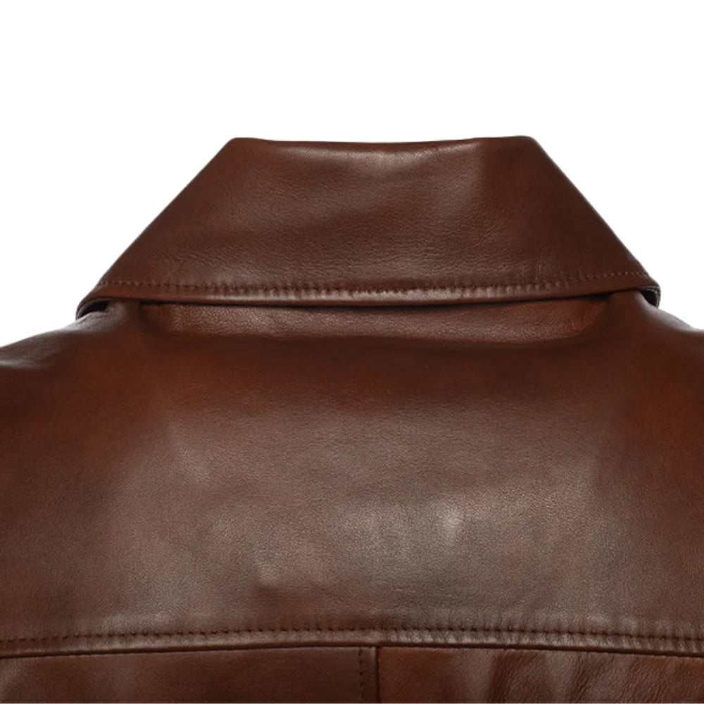Kai Classic Two Tone Brown Leather Jacket close up back dual tone leather