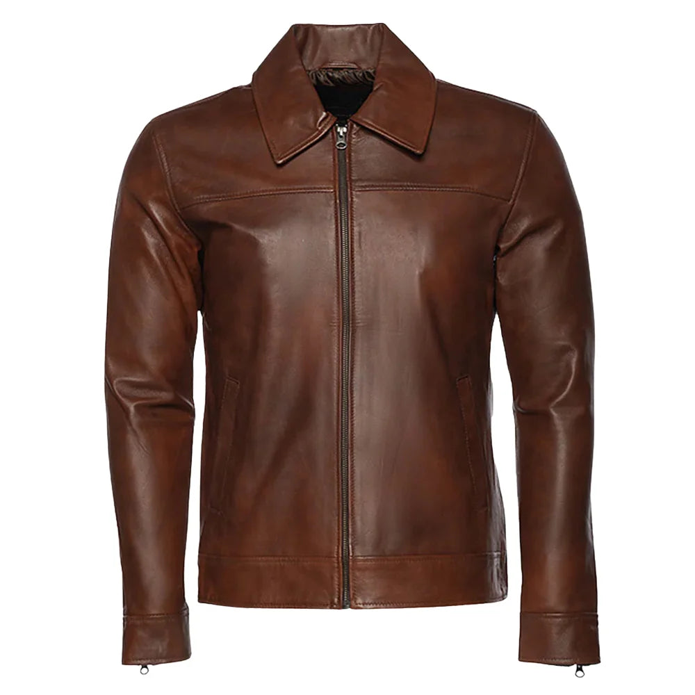 Kai Classic Two Tone Brown Leather Jacket front view two tone brown leather jacket classic design