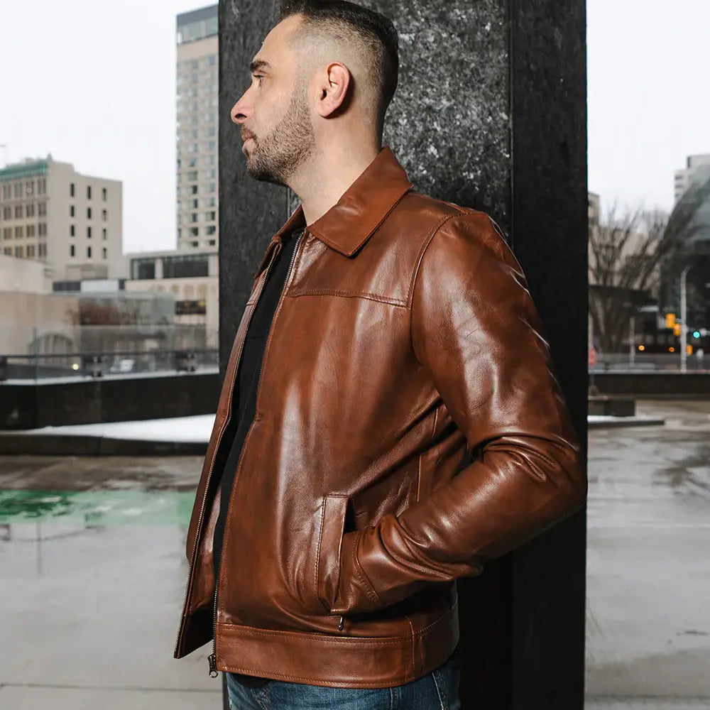 Model styling Kai Classic Two Tone Brown Leather Jacket brown leather jacket look