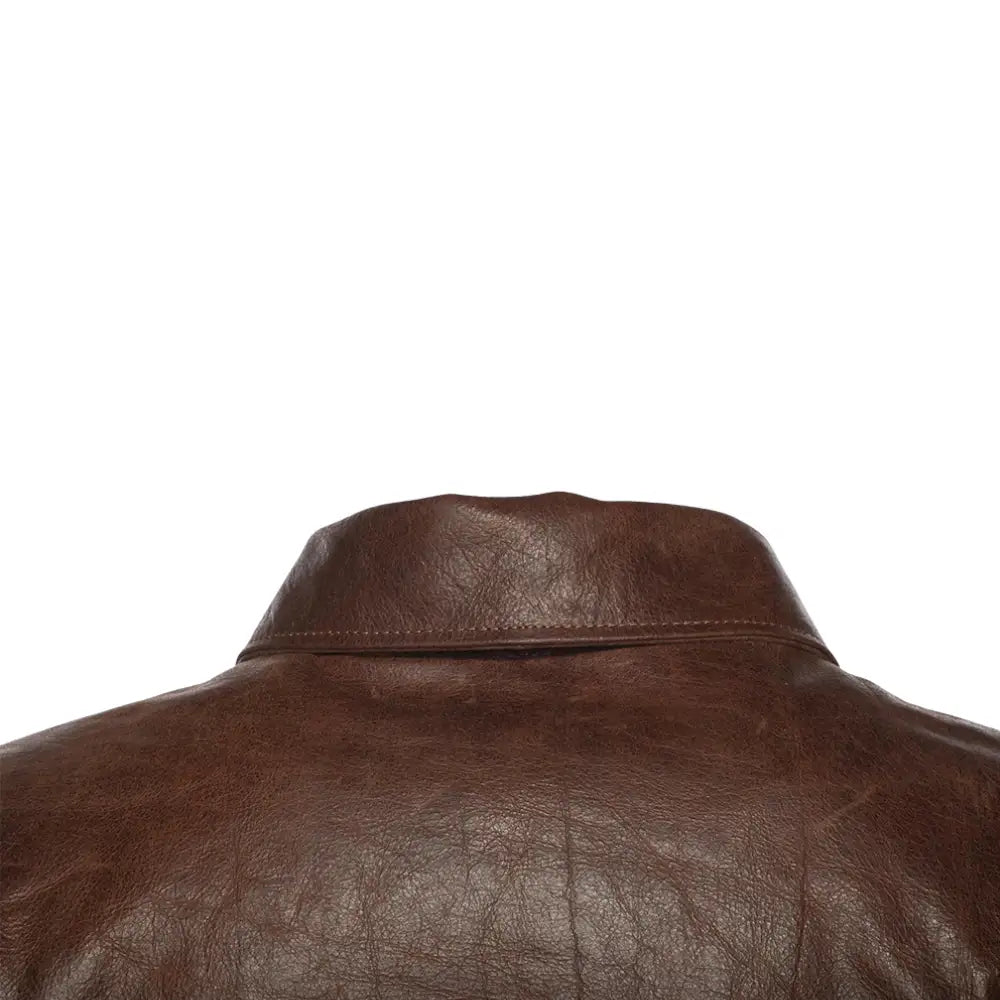 Close-up of the shirt-style collar at the back of the Laurent Vintage Brown A2 Bomber Jacket, showcasing the rich leather texture.
