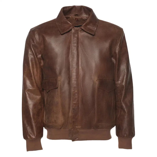 Front view of the Laurent Vintage Brown A2 Bomber Jacket fully zipped, showcasing the smooth leather finish and high-quality craftsmanship.