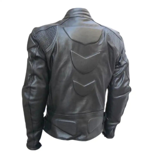 Back view showing the clean leather construction with a dedicated internal pocket for a back protector and accordion stretch panels for movement.