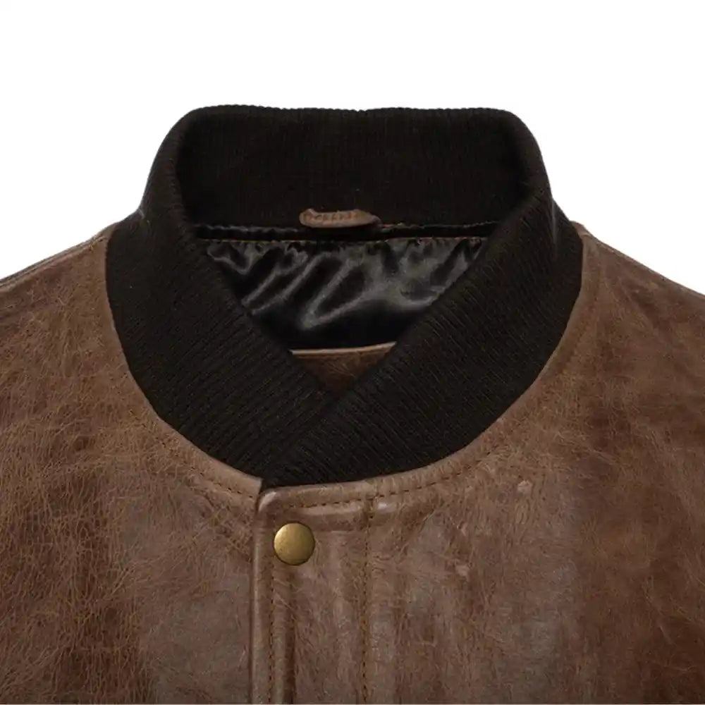 Levi Brown Oiled Leather Bomber Jacket close up bomber collar detail