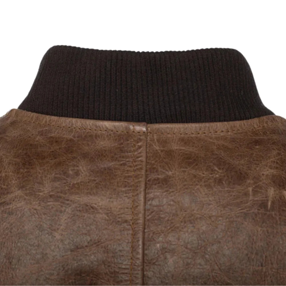 Levi Brown Oiled Leather Bomber Jacket collar stitching detail