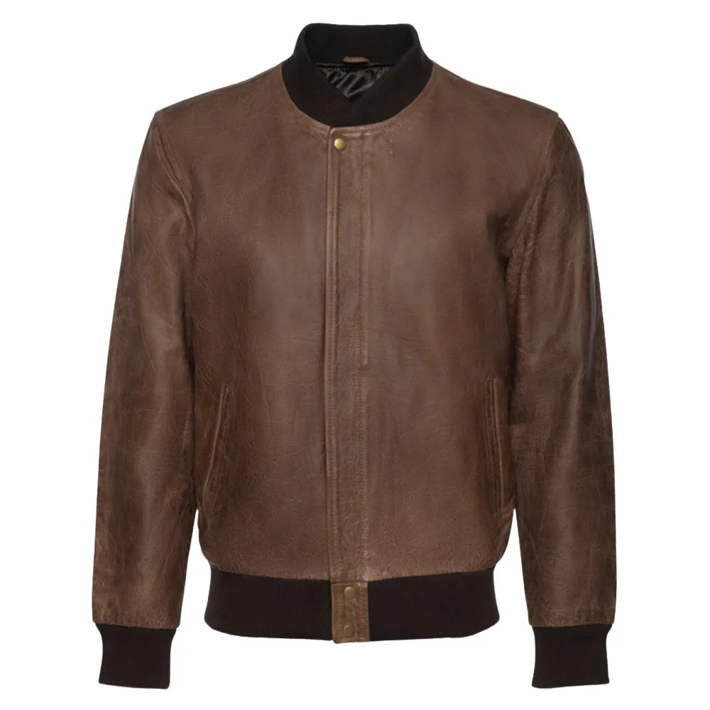 Levi Brown Oiled Leather Bomber Jacket front view brown oiled leather bomber jacket