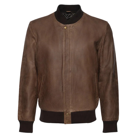 Levi Brown Oiled Leather Bomber Jacket front view brown oiled leather bomber jacket