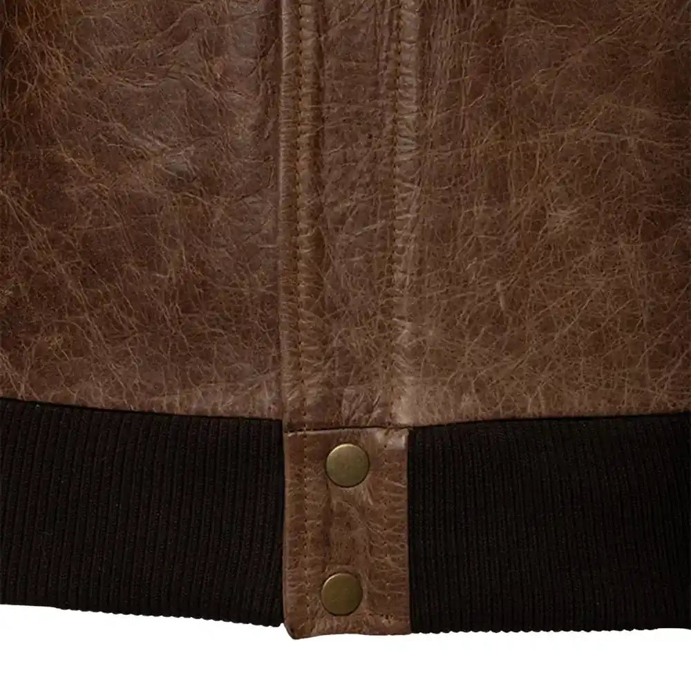 Levi Brown Oiled Leather Bomber Jacket close up oiled leather texture