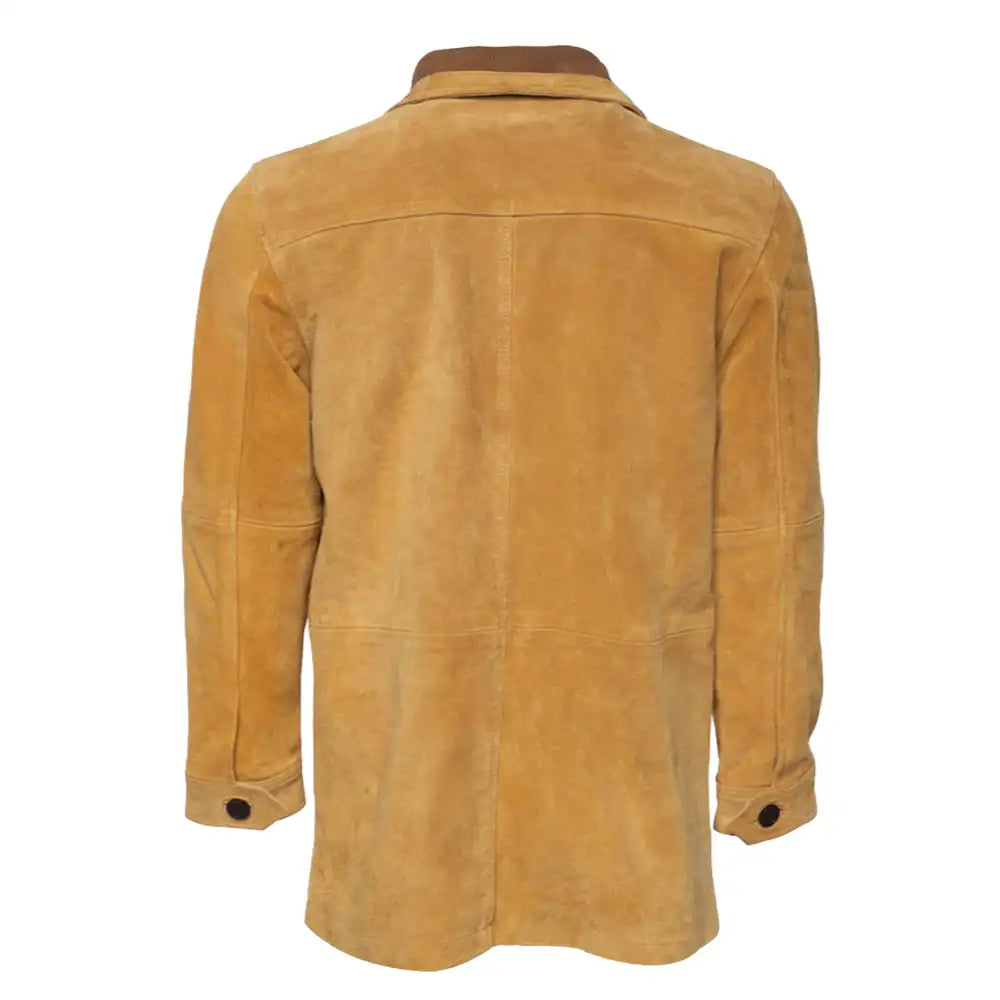 Rear view of Lincoln tan suede Brown leather driving coat on a white background.