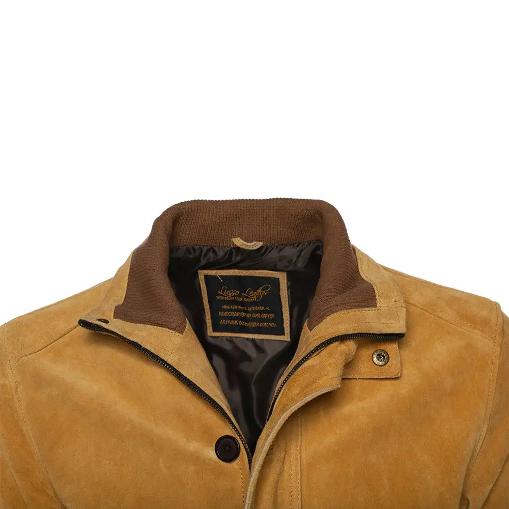 Close-up of Lincoln tan suede driving coat with brown collar and black interior on a white background