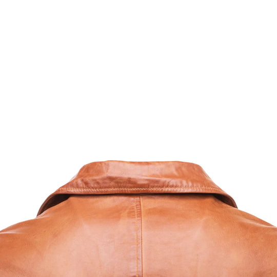 Logan English Tan Leather Trench Coat close up waist belt buckle detail