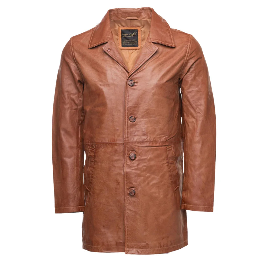 Logan English Tan Leather Trench Coat front view tan leather trench coat with classic long silhouette