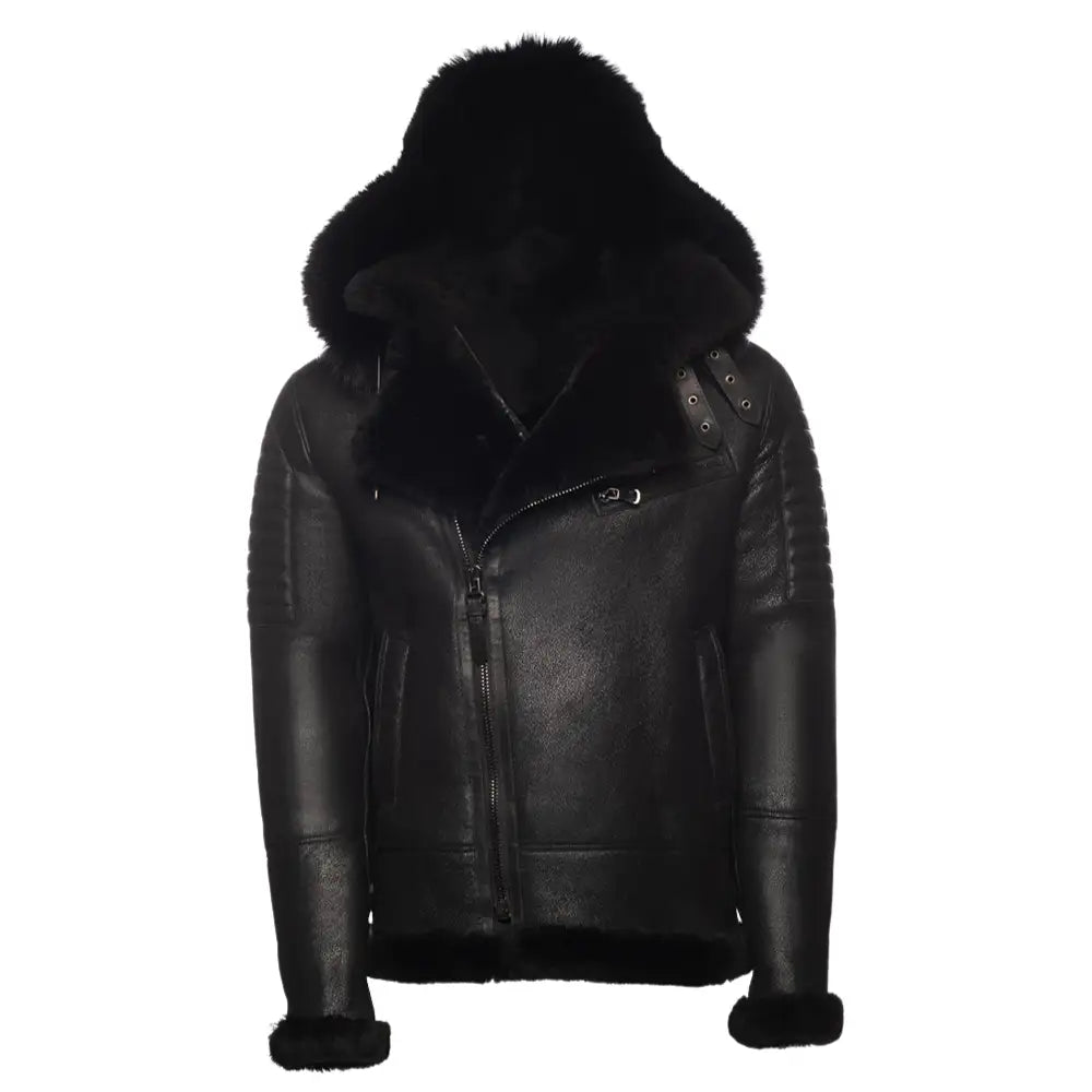 Front view of the Lucas Black Aviator Bomber Shearling Jacket with Hoodie, showcasing the black leather exterior and shearling lining with a stylish hood.
