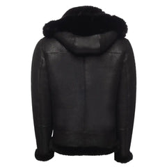 Back view of the Lucas Black Aviator Bomber Shearling Jacket, displaying the sleek leather design and cozy shearling interior.