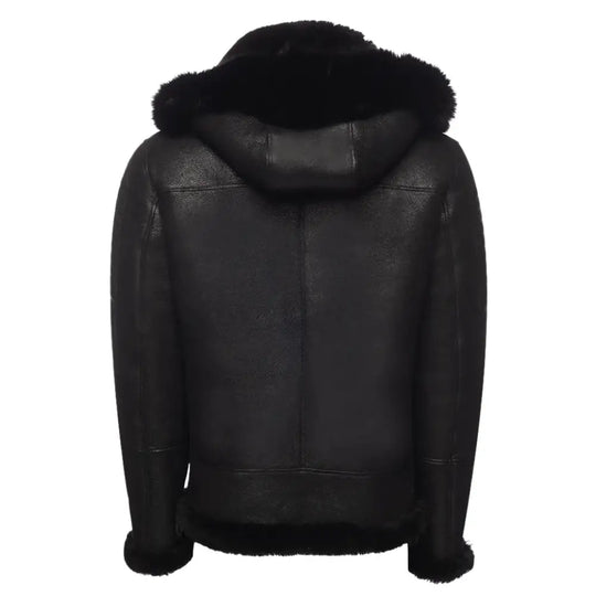 Back view of the Lucas Black Aviator Bomber Shearling Jacket, displaying the sleek leather design and cozy shearling interior.