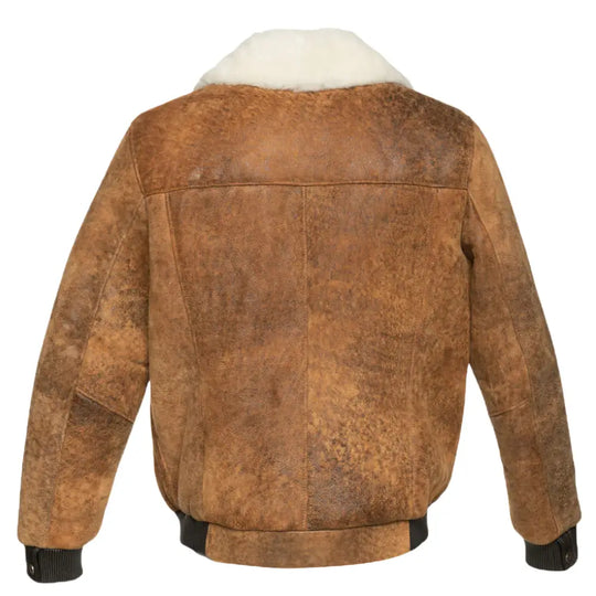 Back view of Lucian's A2 bomber shearling jacket showcasing the distressed brown leather and knitted cuffs.