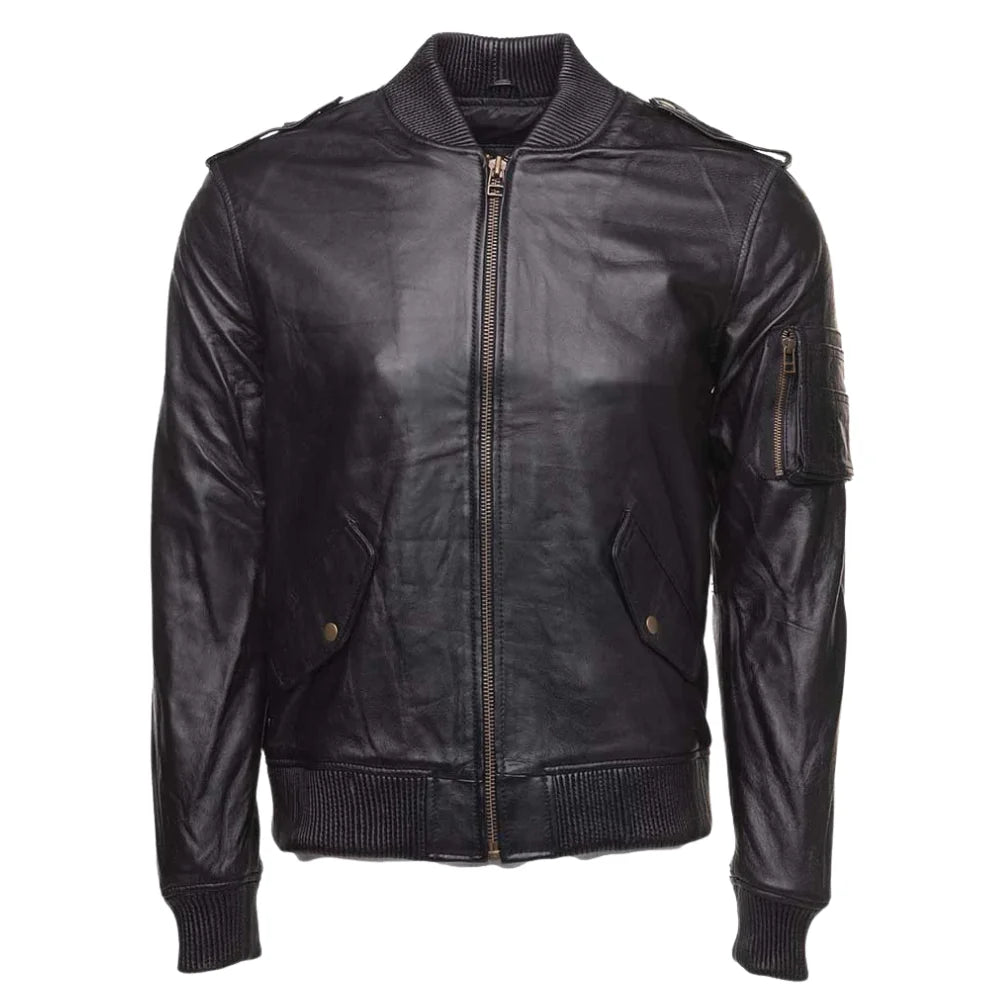 MA 1 Black Bomber Leather Jacket front view classic MA 1 leather bomber jacket