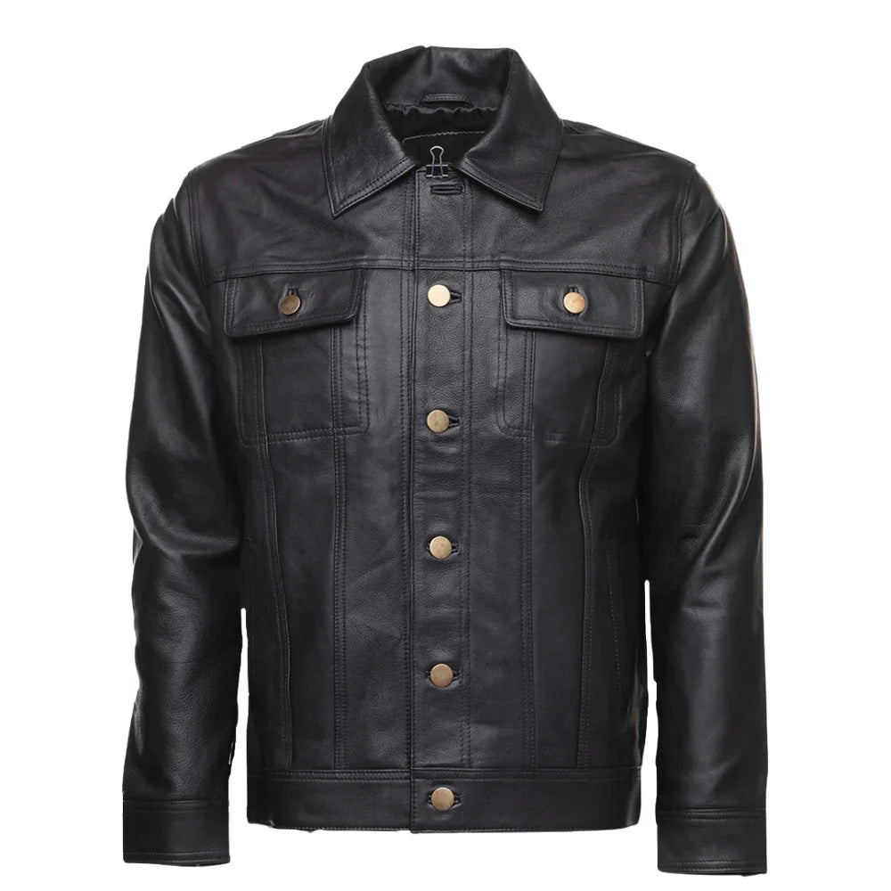 Mason Trucker Leather Jacket front view black leather trucker jacket with classic design