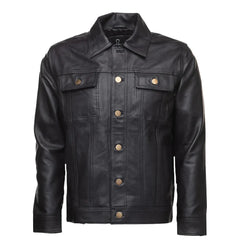 Mason Trucker Leather Jacket front view black leather trucker jacket with classic design