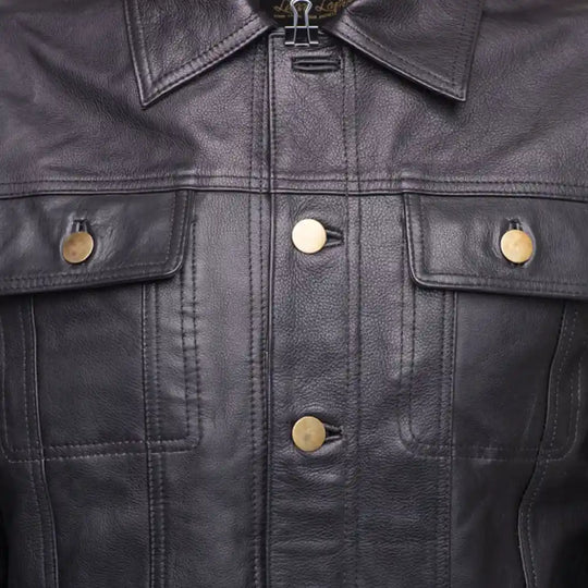 Mason Trucker Leather Jacket close up black leather texture