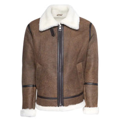 Brown shearling jacket with white fur collar and cuffs on a white background