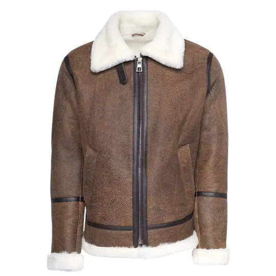 Brown shearling jacket with white fur collar and cuffs on a white background