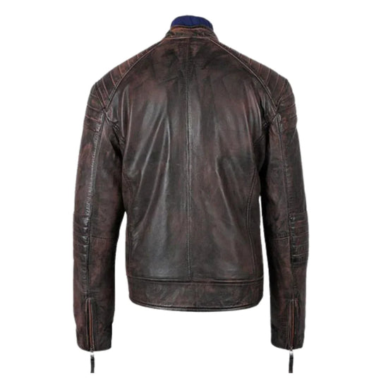 Men's Benton Distressed Moto Style Leather Jacket back view distressed leather jacket