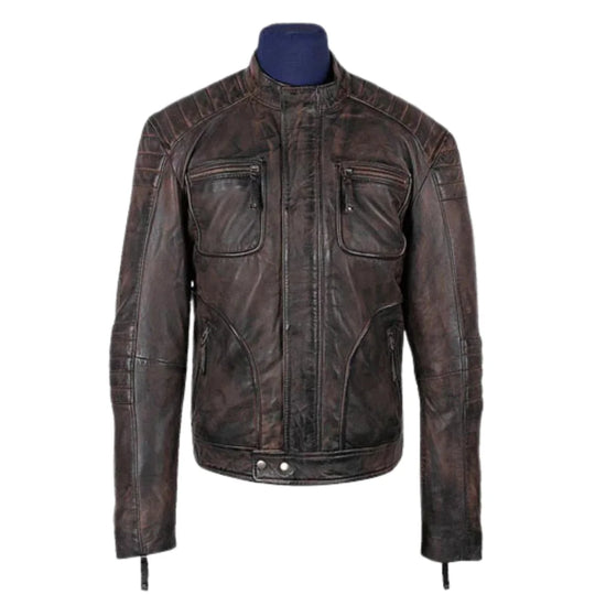 Men's Benton Distressed Moto Style Leather Jacket front view distressed moto leather jacket