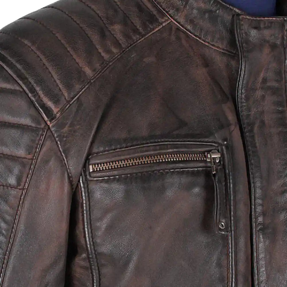 Men's Benton Distressed Moto Style Leather Jacket close up distressed leather texture