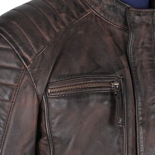 Men's Benton Distressed Moto Style Leather Jacket close up distressed leather texture