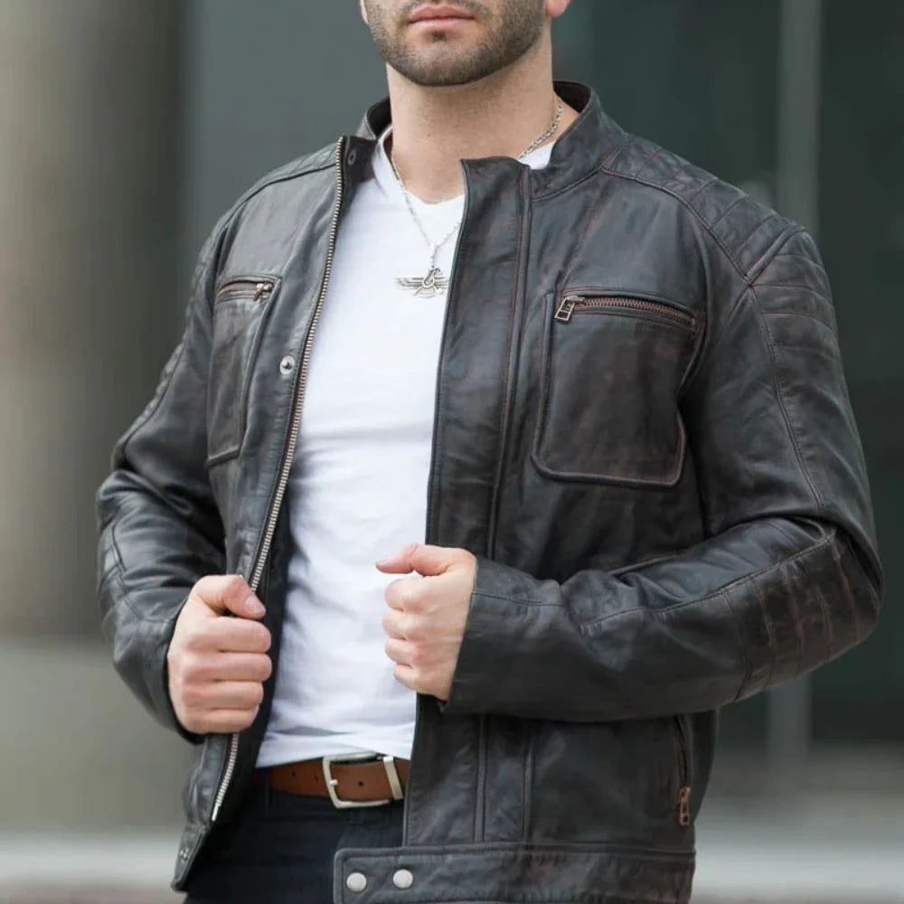 Model wearing Men's Benton Distressed Moto Style Leather Jacket rugged biker outfit