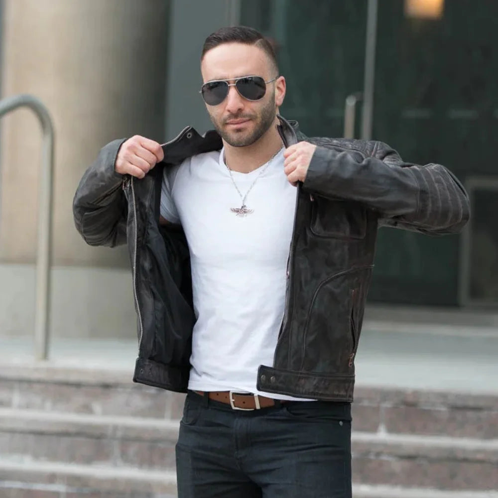 Model styling Men's Benton Distressed Moto Style Leather Jacket vintage leather jacket look