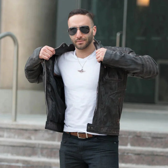 Model styling Men's Benton Distressed Moto Style Leather Jacket vintage leather jacket look