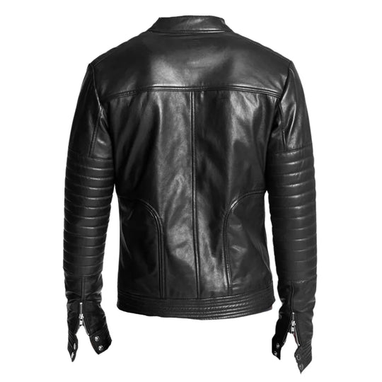 Men's Leather Jacket with Straight Zip Up Collar back view black leather jacket