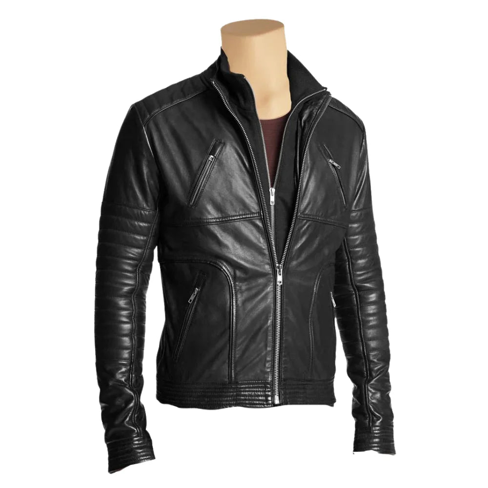Men's Leather Jacket with Straight Zip Up Collar front view black leather jacket with straight zip collar