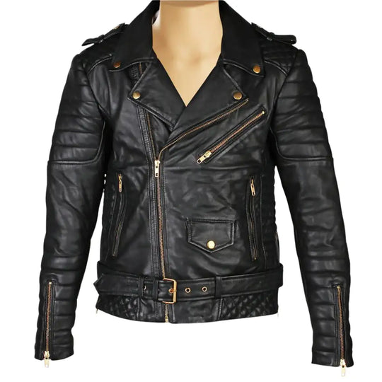 Front view of Mercado's belted & quilted leather biker jacket with zip closure