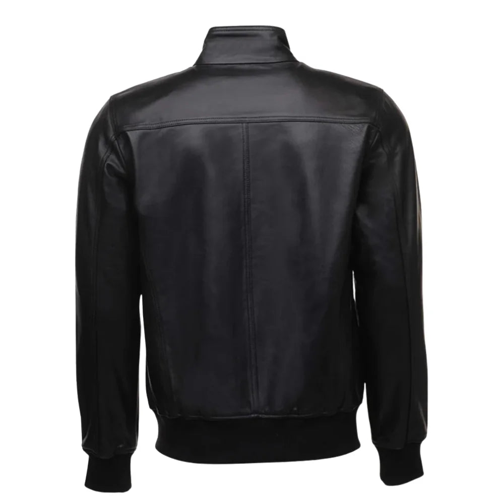 Messi Black Bomber Style Leather Jacket back view black leather bomber jacket