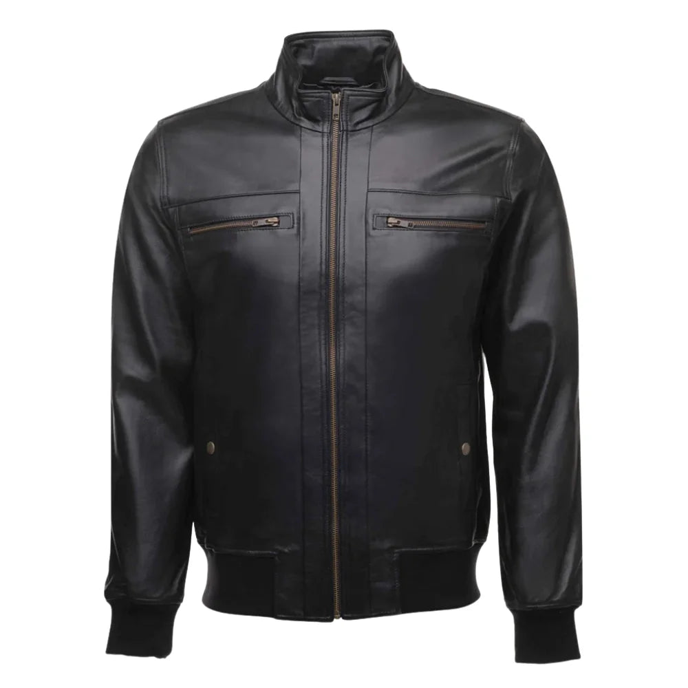 Messi Black Bomber Style Leather Jacket front view black leather bomber jacket with classic design