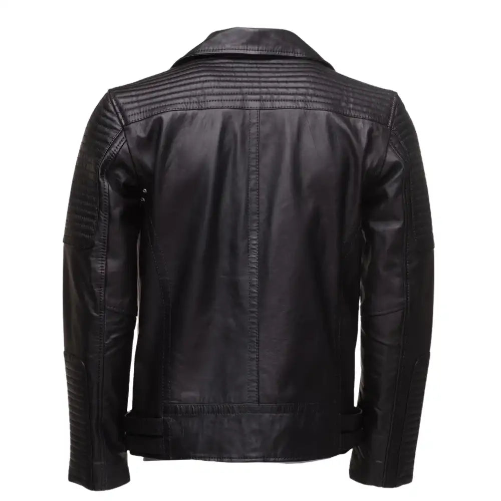 Back view of Micheals Snap Buttoned Leather Biker Jacket highlighting clean leather panels