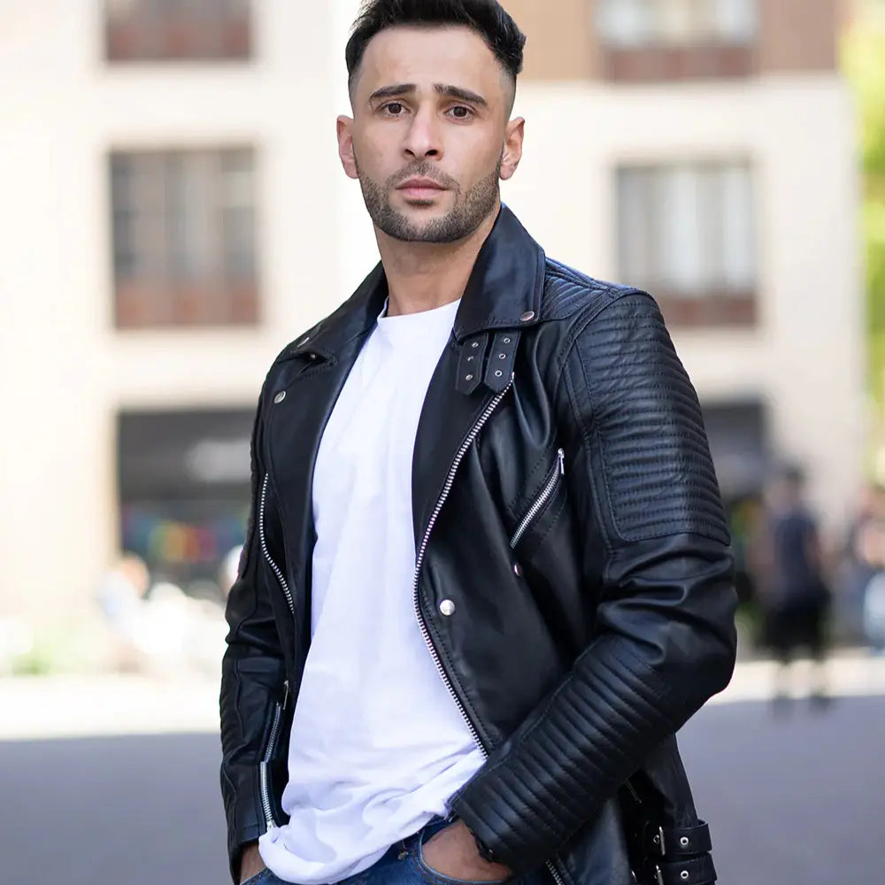 Model wearing Micheals Snap Buttoned Leather Biker Jacket styled with casual outfit